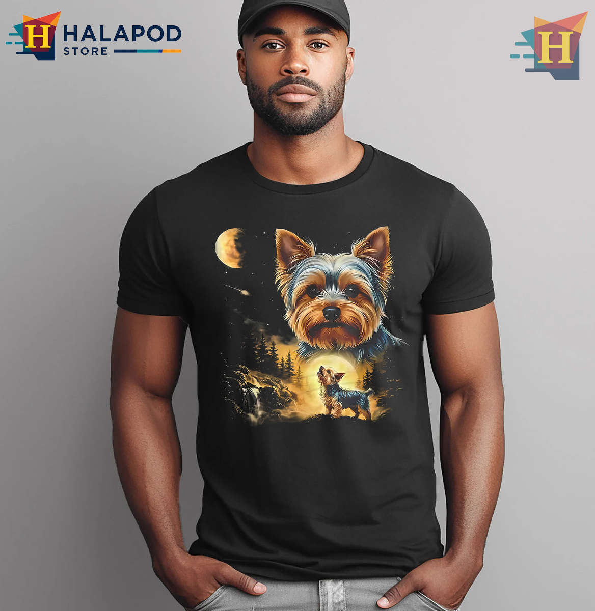 Retro Dog Lover Tee Yorkie Howling Moon Vintage Shirt Classic Pet Art Design