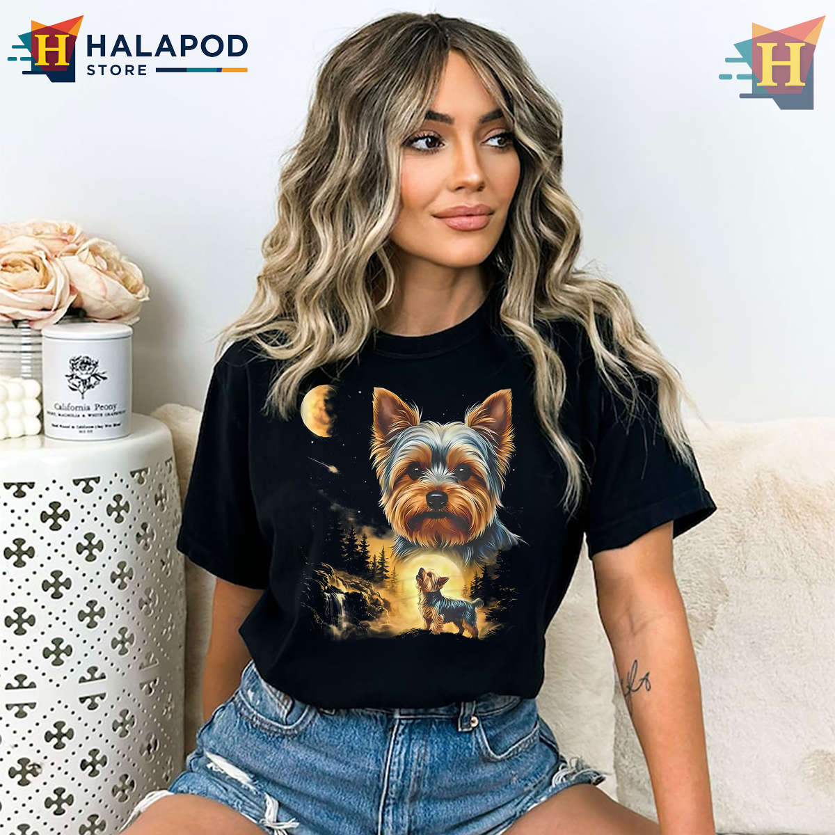 Retro Dog Lover Tee Yorkie Howling Moon Vintage Shirt Classic Pet Art Design