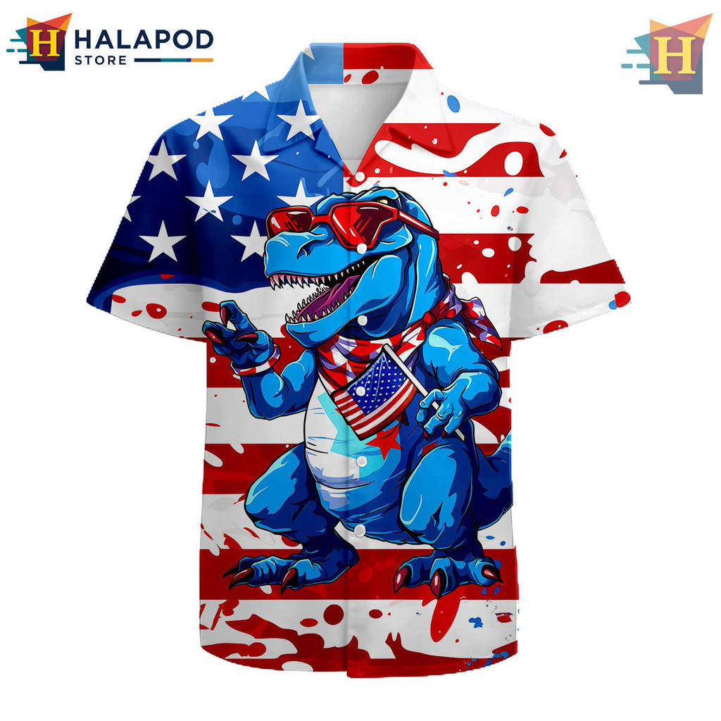 Retro Flag Dinosaur Hawaiian Shirt 2026 Funny Graphic Tropical Holiday Apparel