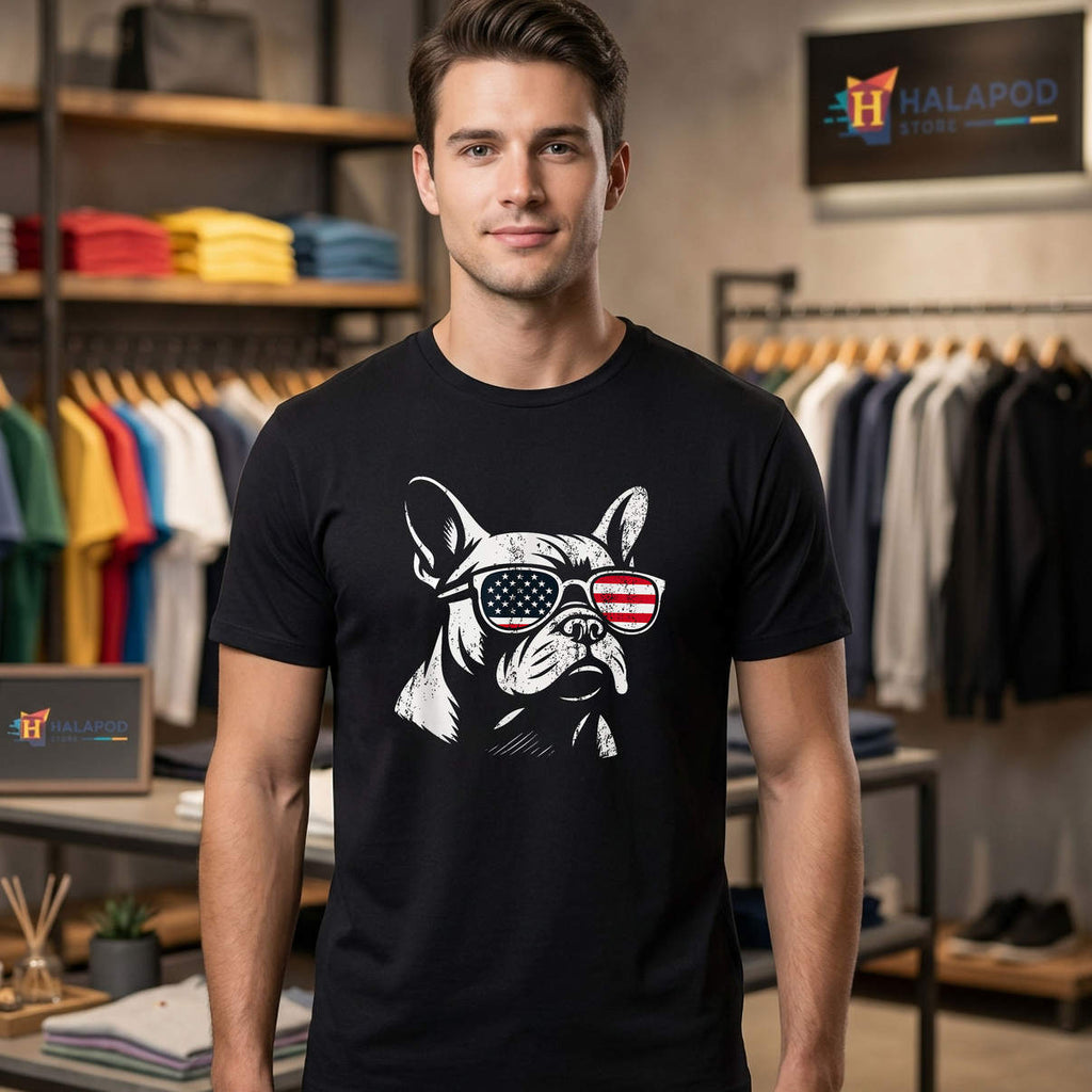 Retro French Bulldog Patriotic Shirt 4th Of July American US Flag Graphic Mens