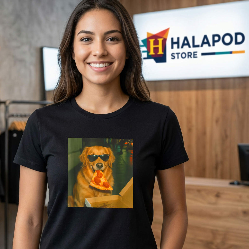 Retro Golden Retriever Shirt Funny Dog Eating Pizza Meme Graphic Casual