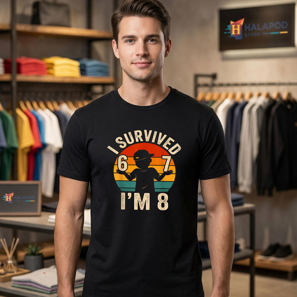 Retro I Survived 6 7 Im 8 Boy Shirt 2026 Funny 8th Birthday Meme Fan Gear