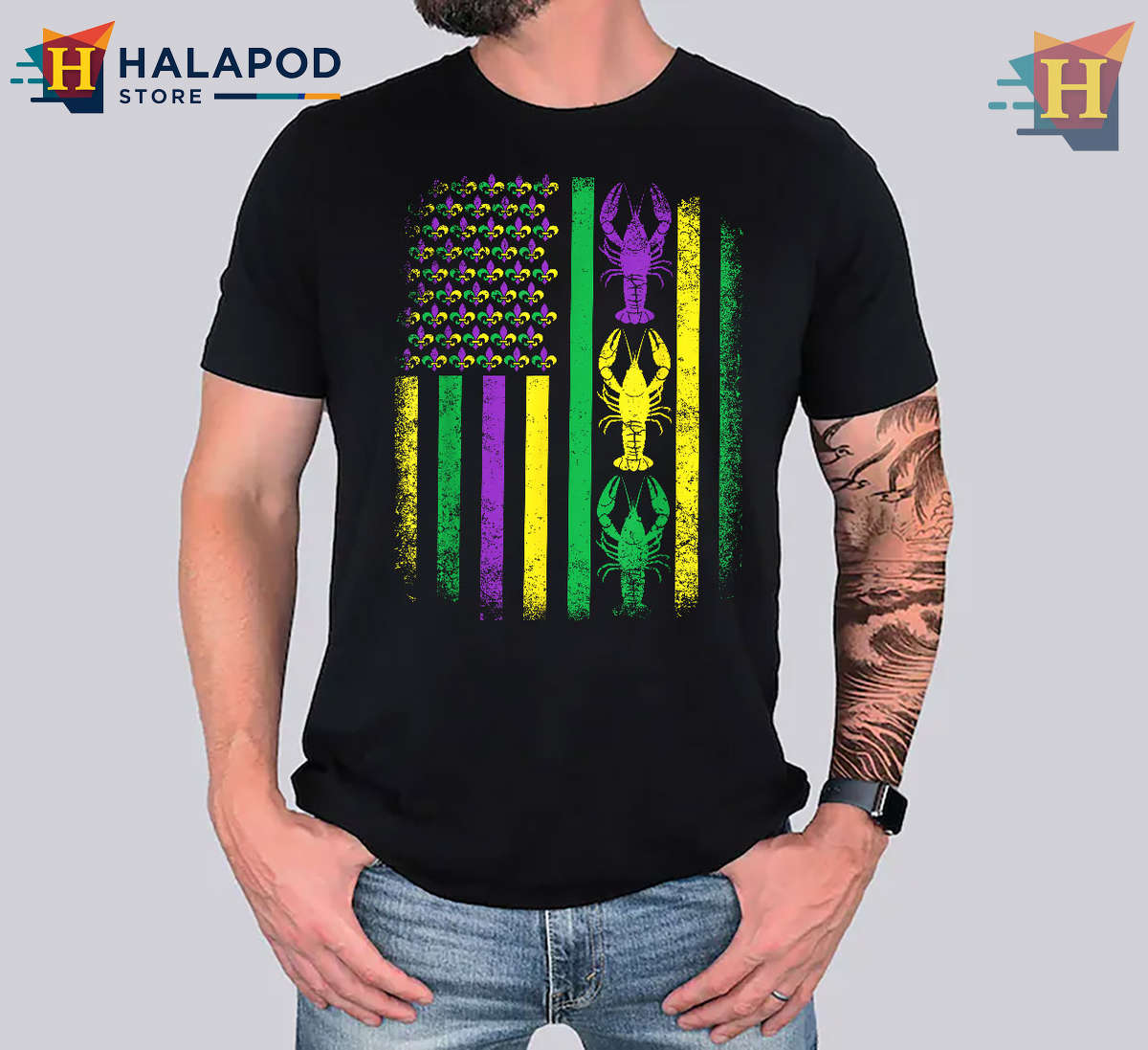 Retro Mardi Gras Crawfish Shirt USA American Flag Parade Style For Men Women