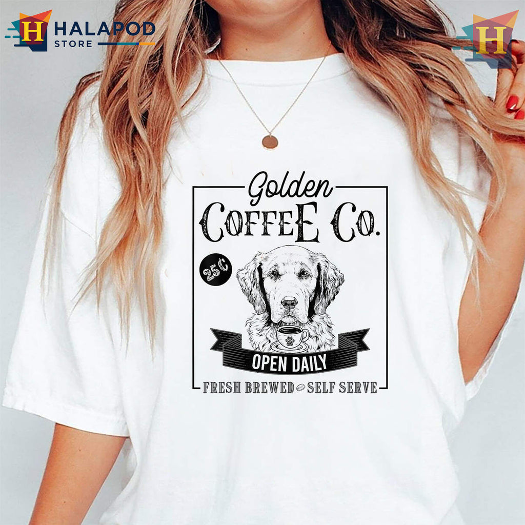 Retro Retriever Coffee Shirt Funny Golden Dog Mom Lover Graphic Casual Womens