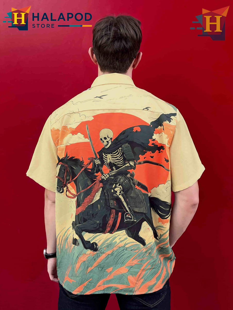 Riding Skeleton Hawaiian Shirt Funny Graphic Tropical Casual Beach Mens Shirt