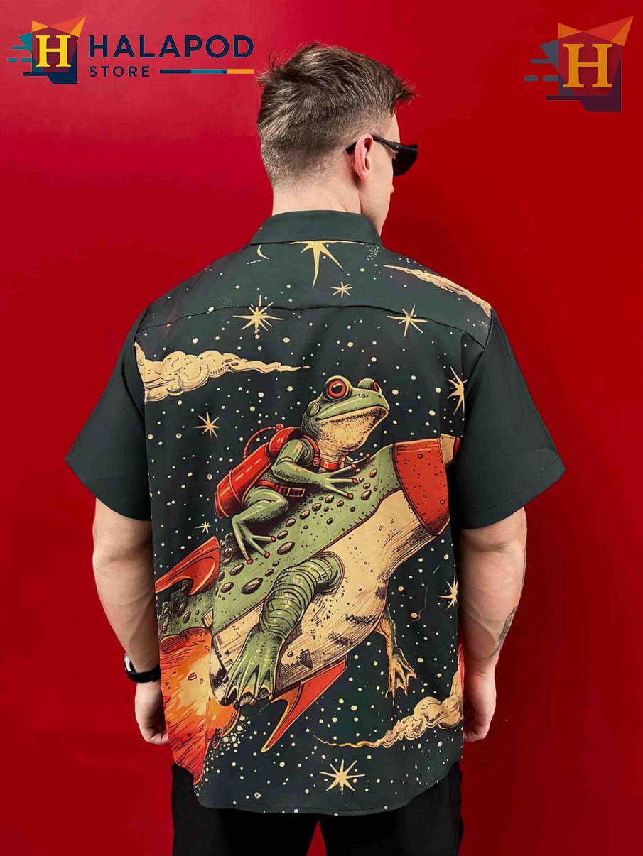 Rocket Frog Hawaiian Shirt Funny Bold Graphic Tropical Casual Beach Shirt