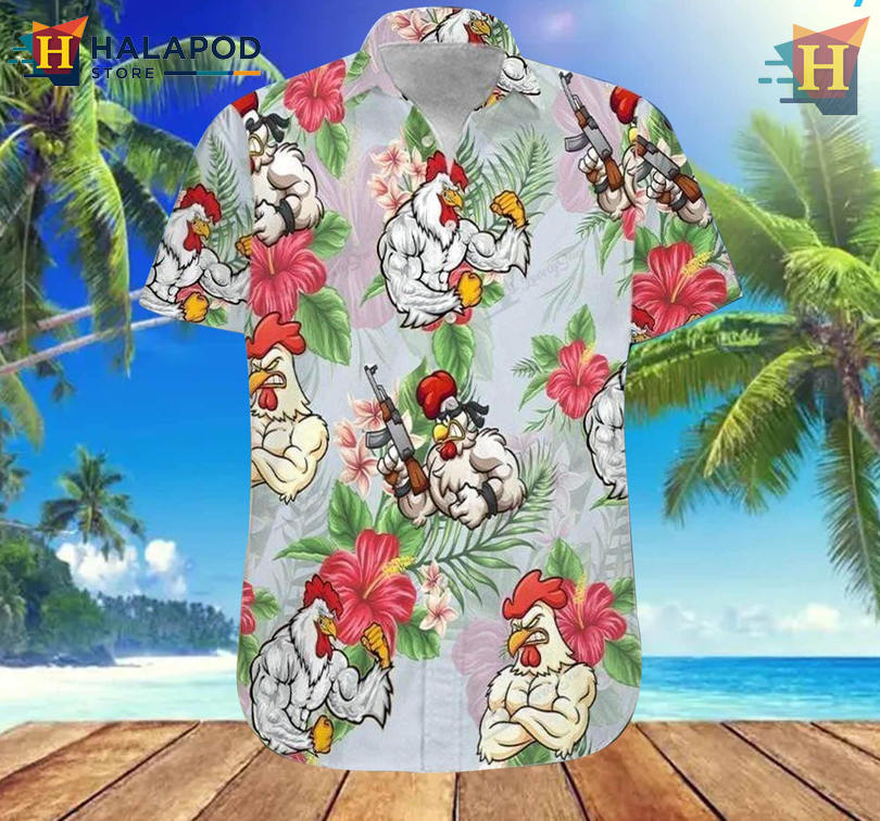 Rooster Fighter Art Short Sleeve Hawaiian Shirt Retro Farm Style Summer Wear