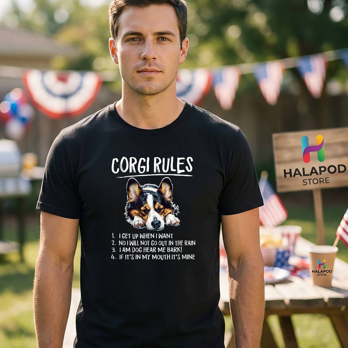 Rules Nap Black Pembroke T-Shirt Tricolor Corgi Lover Graphic Apparel Mens