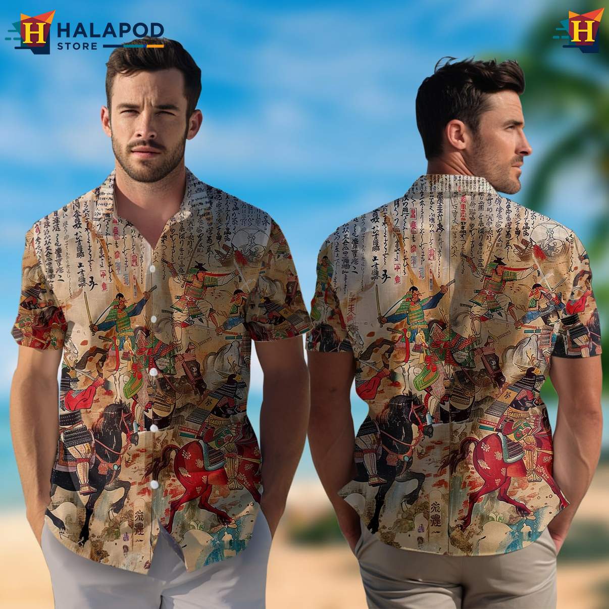Samurai Casual Button Down Shirt Mens Japanese Warrior Hawaiian Beach Outfit