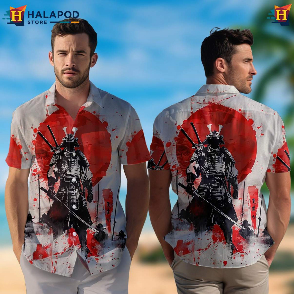Samurai Japanese Warrior Aloha Shirt Mens Casual Button Down Beach Outfit