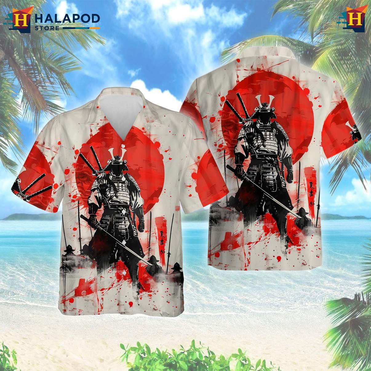 Samurai Japanese Warrior Tropical Shirt Mens Casual Button Down Beach Outfit