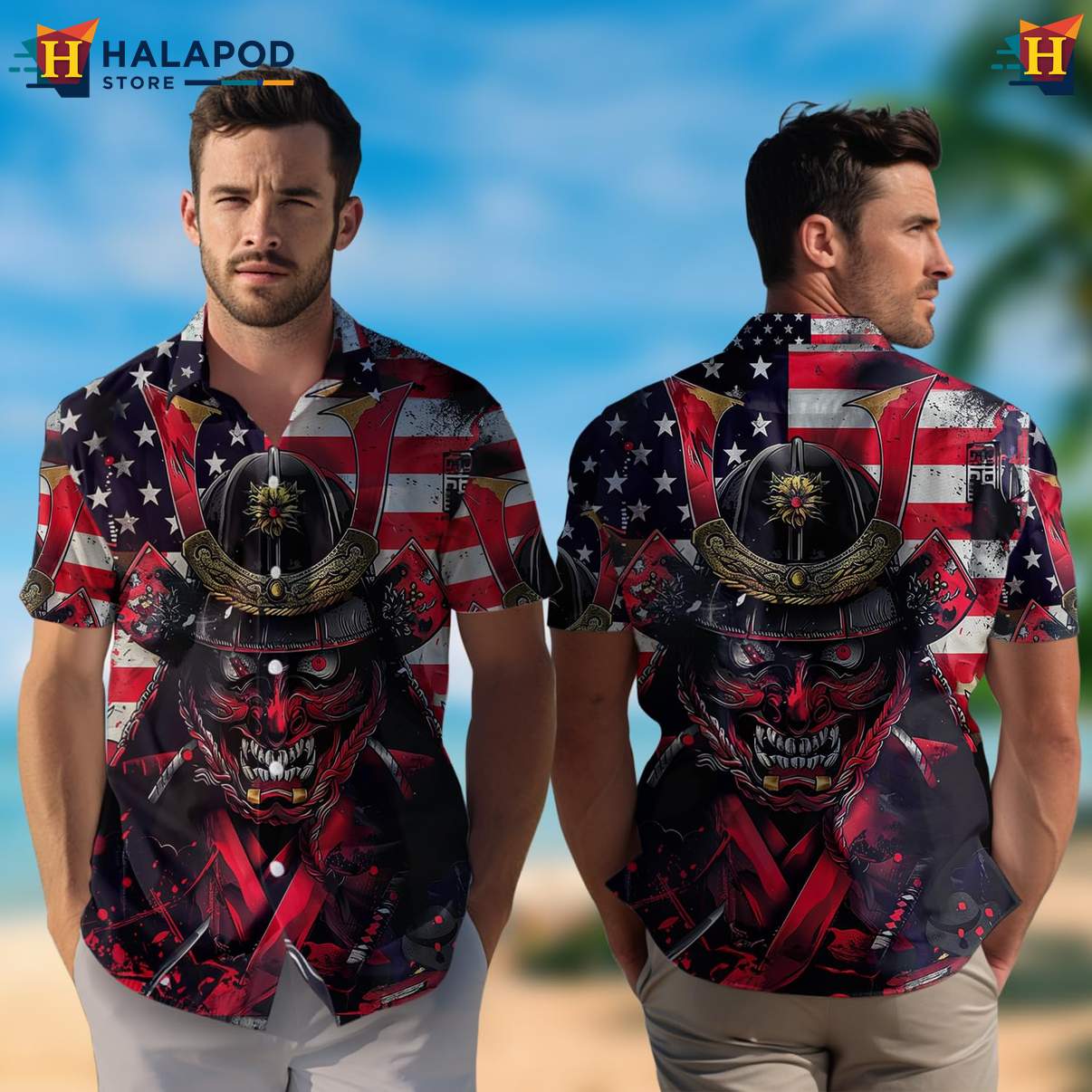 Samurai Warrior Tropical Shirt For Men Japanese Casual Beach Button Down Top