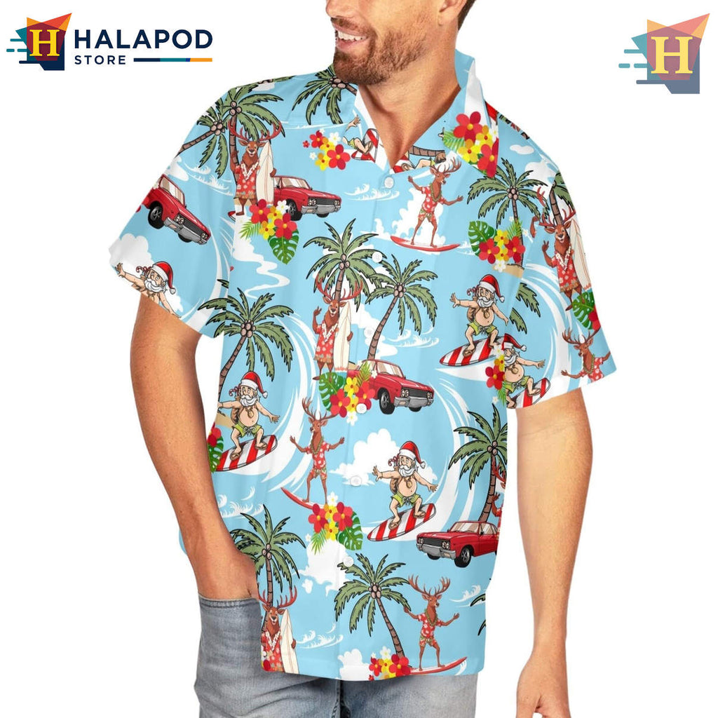 Santa Claus Surfing Hawaiian Shirt Funny Tropical Summer Holiday Beach Apparel
