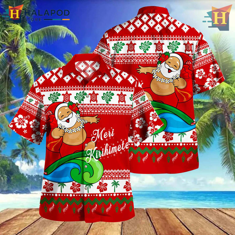 Santa Meri Kirihimete Holiday Style Hawaiian Button Up Shirt Festive Island Vibe