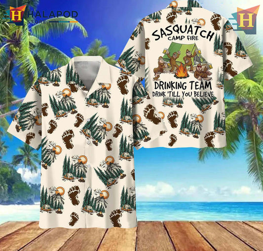 Sasquatch Campfire Drinking Team Graphic Cool Hawaiian Shirt Funny Outdoor Party
