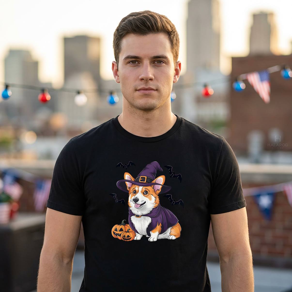 Scary Pumpkin Bat Corgi Shirt Funny Witch Hat Dog Halloween Graphic Mens