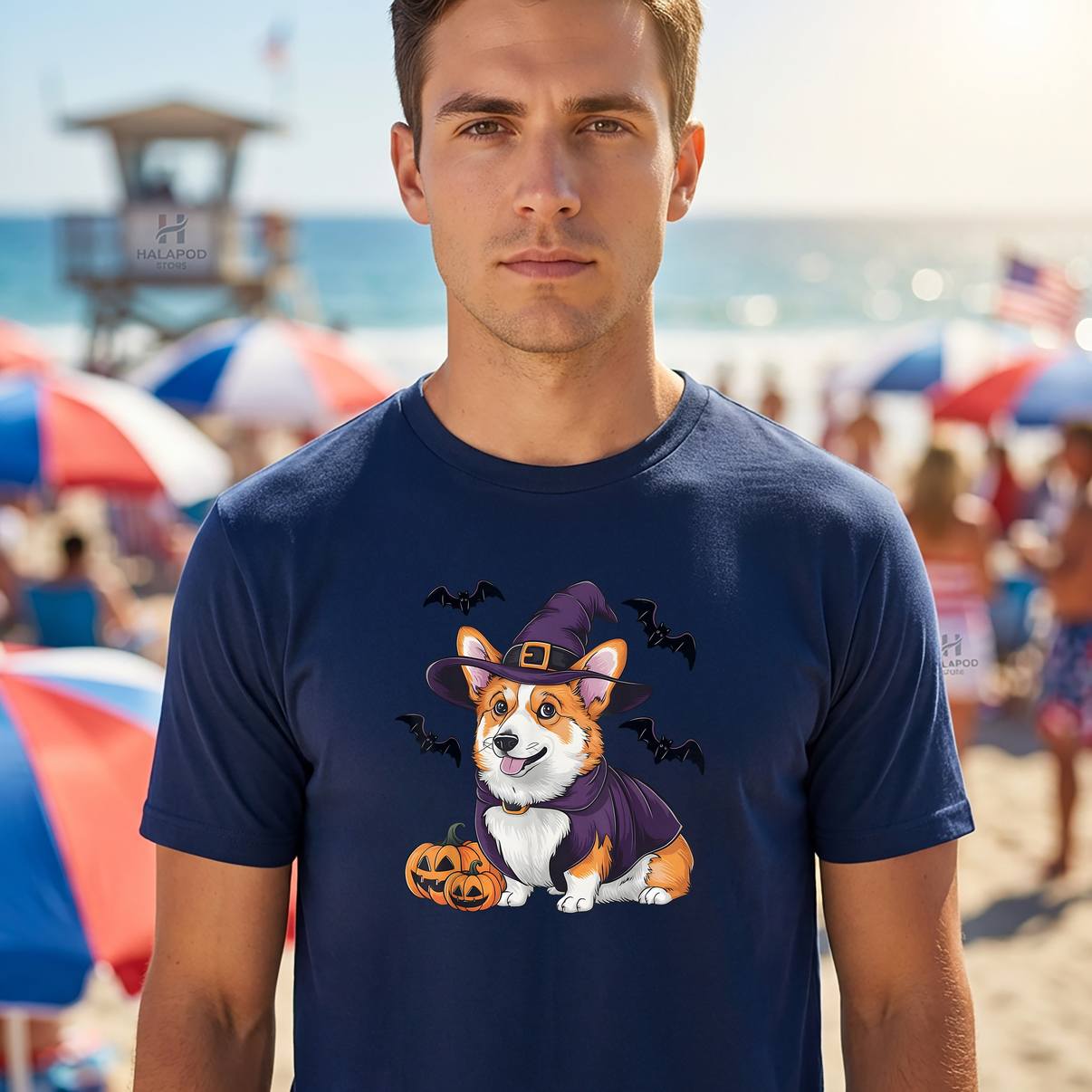 Scary Pumpkin Bat Corgi Tee Shirt Funny Witch Hat Dog Halloween Graphic Mens