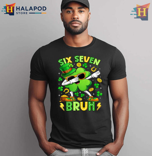 Six Seven Bruh Shamrock St Patricks Day Shirts Funny Kids Tee