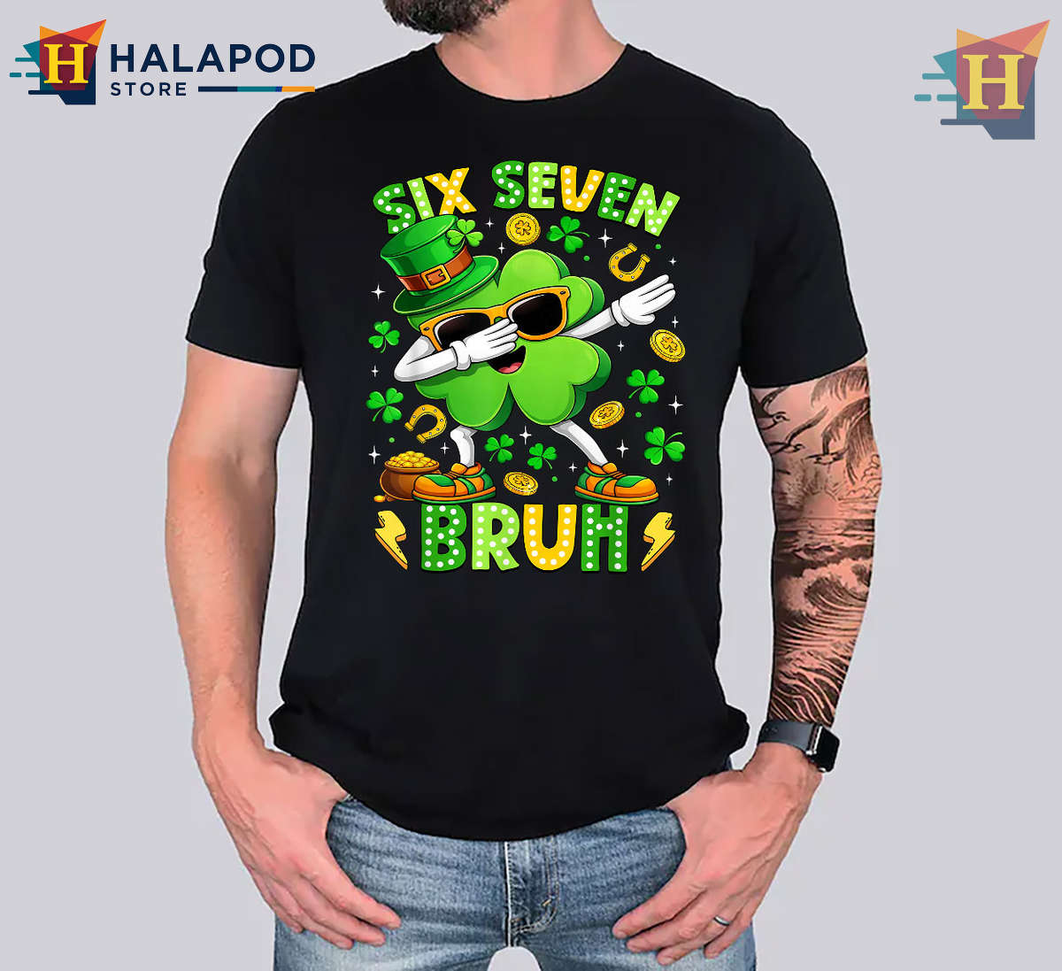 Six Seven Bruh Shamrock St Patricks Day Shirts Funny Kids Tee