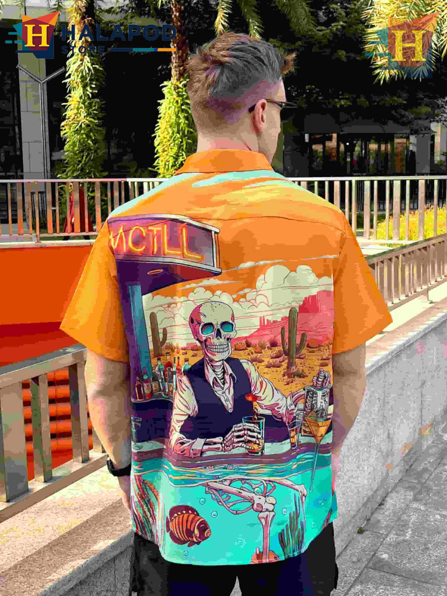 Skeleton Bartender Hawaiian Shirt Funny Graphic Tropical Casual Beach Shirt