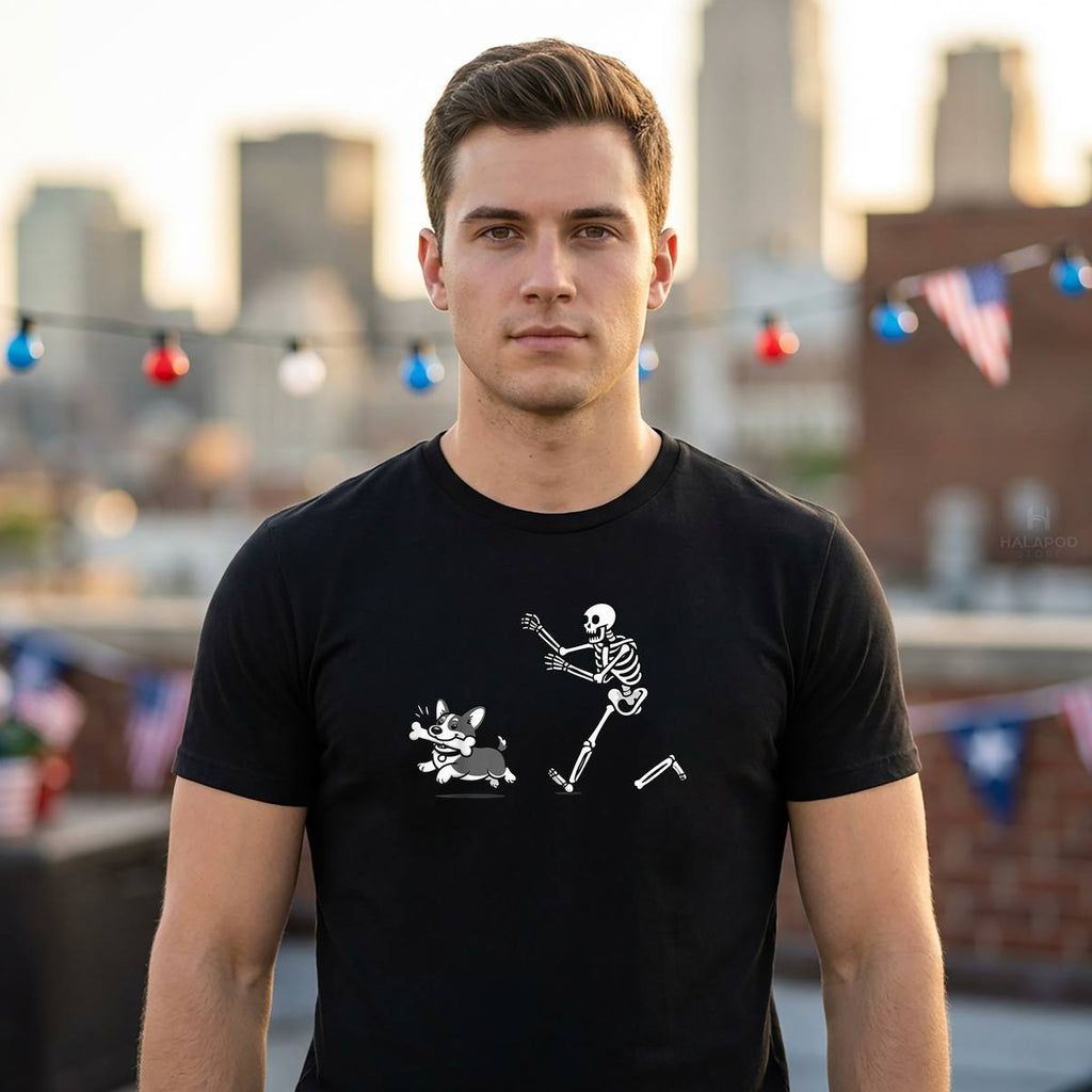 Skeleton Chasing Corgi Dog Shirt Halloween Vibe Lover Graphic For Mens