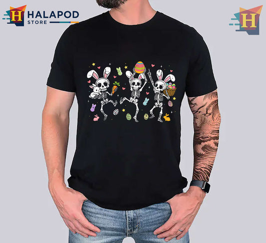 Skeleton Dance Bunny Egg Graphic Funny Easter Shirts For Boys