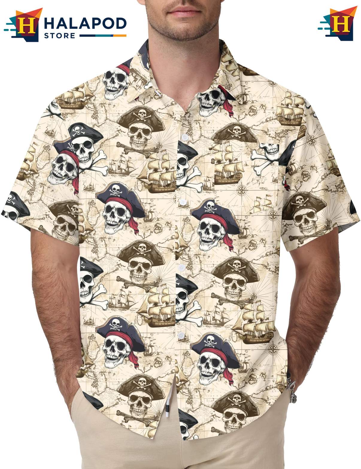 Skeleton Pirate Tropical Hawaiian Shirt Casual Funny Short Sleeve Apparel