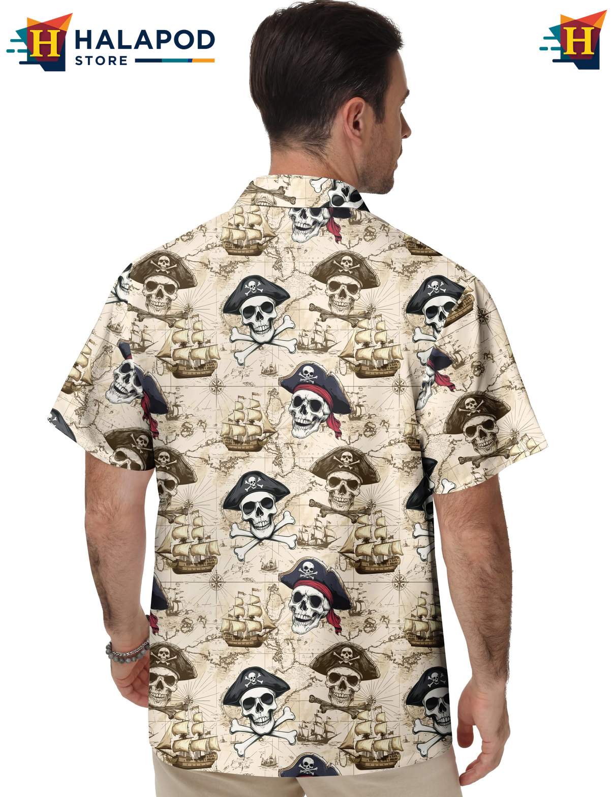 Skeleton Pirate Tropical Short-sleeve button-up shirt Casual Funny Short Sleeve Apparel