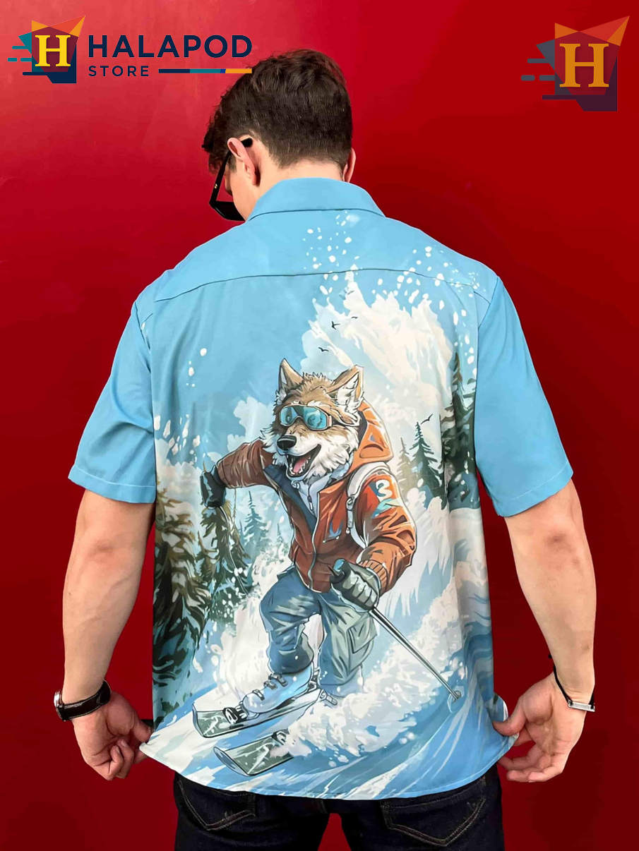 Skiing Wolf Hawaiian Shirt Funny Bold Graphic Tropical Casual Beach Shirt