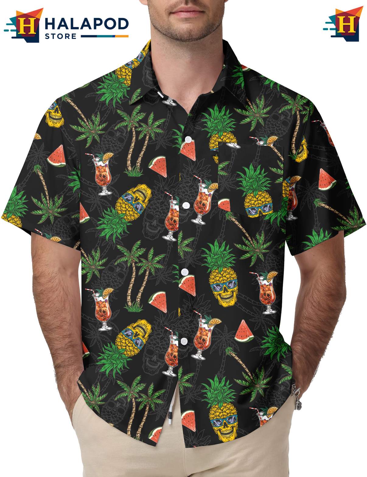 Skull Pineapple Mens Hawaiian Shirt Tropical Casual Funny Short Sleeve Top