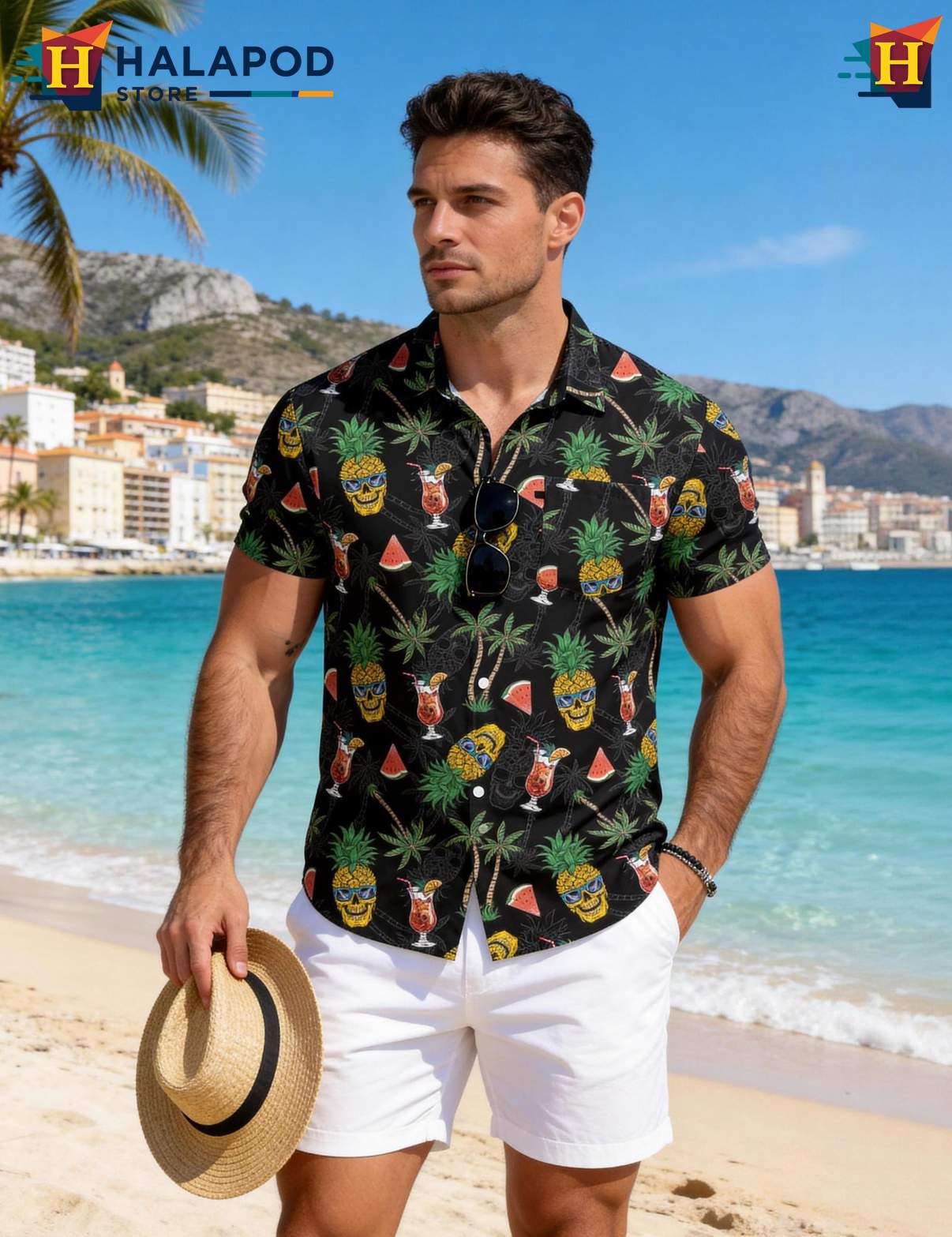 Skull Pineapple Mens Tropical Shirt Tropical Casual Funny Short Sleeve Top