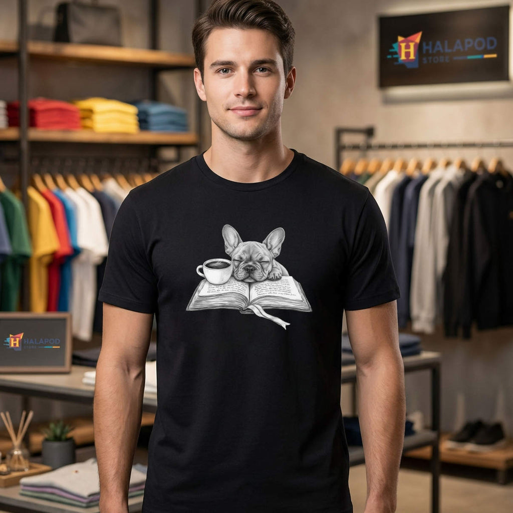 Sleepy French Bulldog Coffee Shirt Open Book Reading Graphic Casual Mens