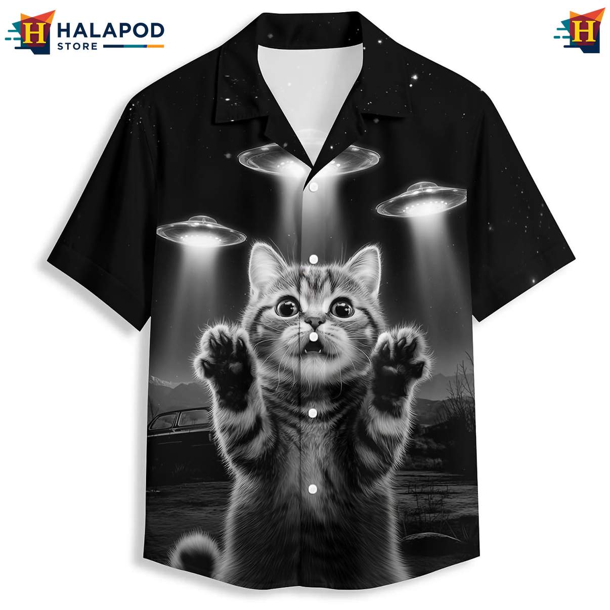 Space Cat UFO Print Hawaiian Shirt Tropical Short Sleeve Button Down Tops