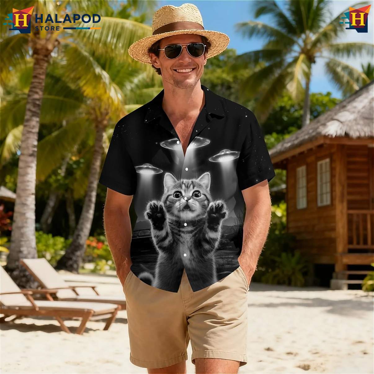 Space Cat UFO Print Short-sleeve button-up shirt Tropical Short Sleeve Button Down Tops