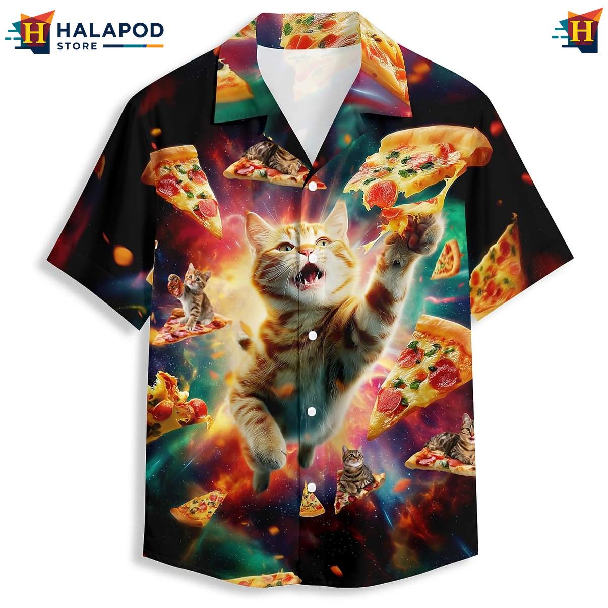 Space Pizza Cat Print Hawaiian Shirt Tropical Short Sleeve Button Down