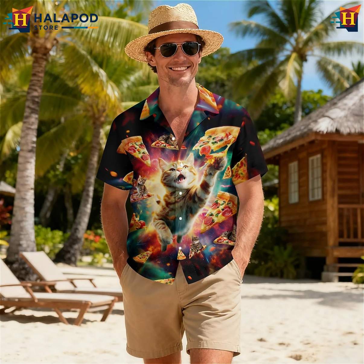 Space Pizza Cat Print Short-sleeve button-up shirt Tropical Short Sleeve Button Down