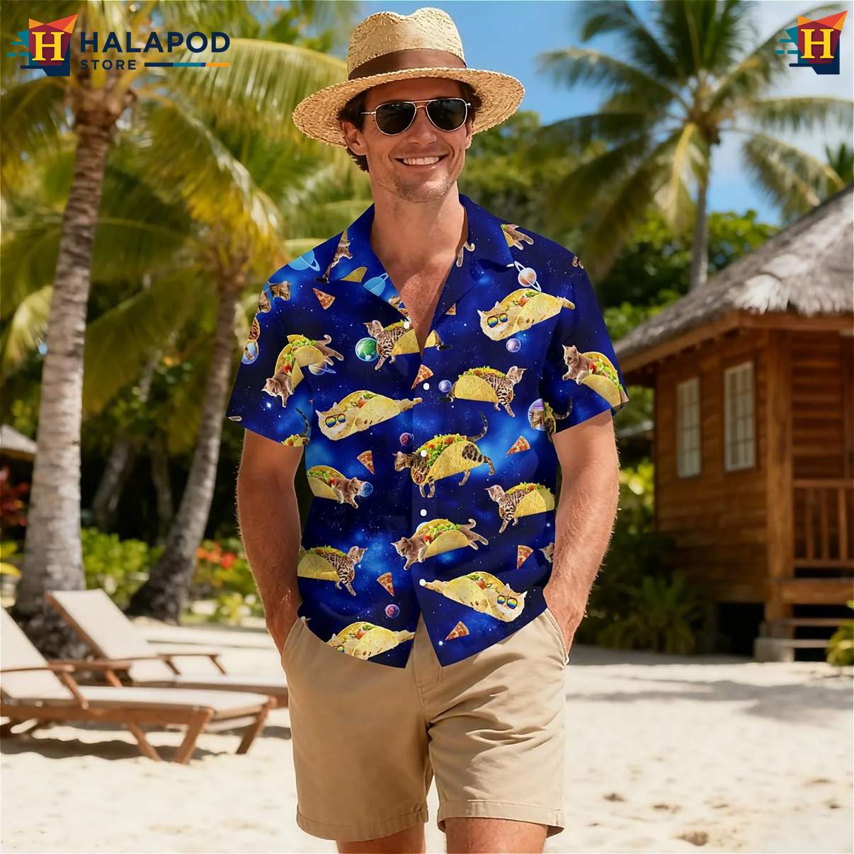 Space Taco Cat Tropical Short-sleeve button-up shirt Short Sleeve Floral Button Down