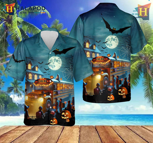 Spooky Yellow Bus Design Tropical Button Down Shirt Halloween Theme Casual Wear