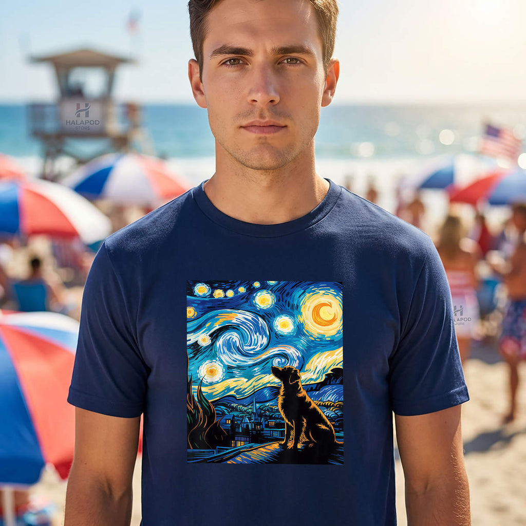 Starry Night Painting Retriever Shirt Van Gogh Style Golden Dog Casual Mens