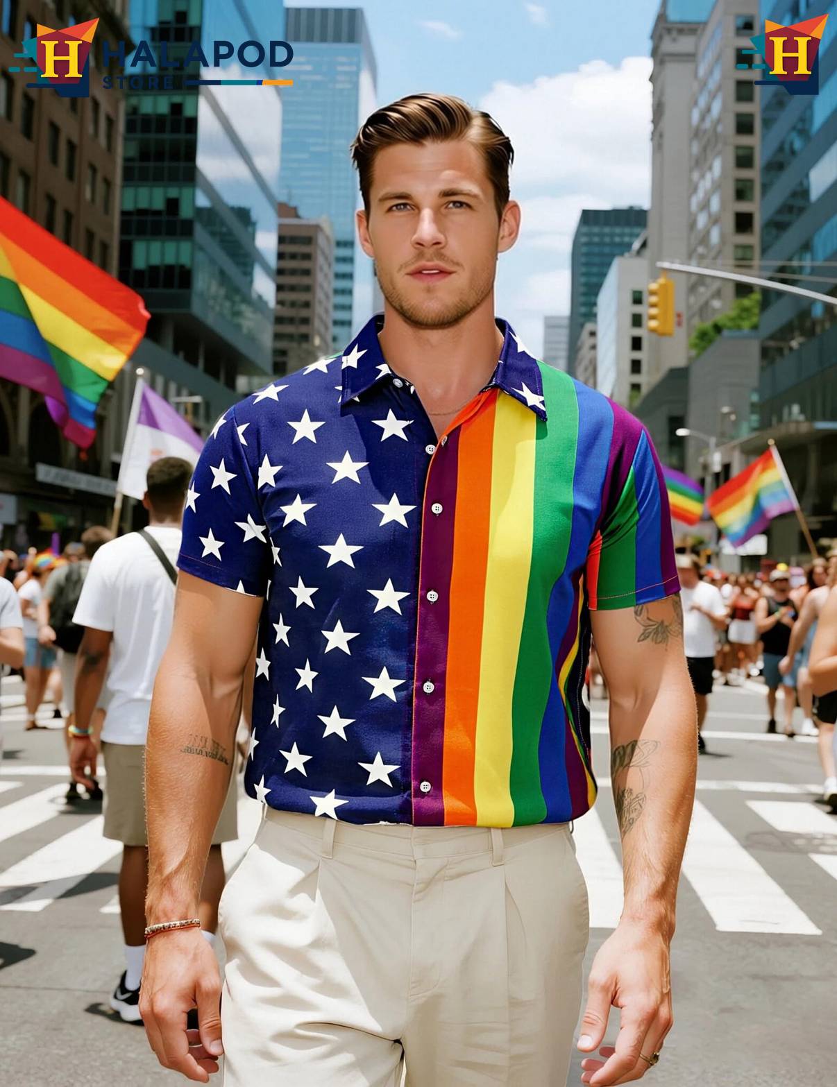 Stars And Rainbow Short-sleeve button-up shirt Mens Tropical Beach Button Down Clothing