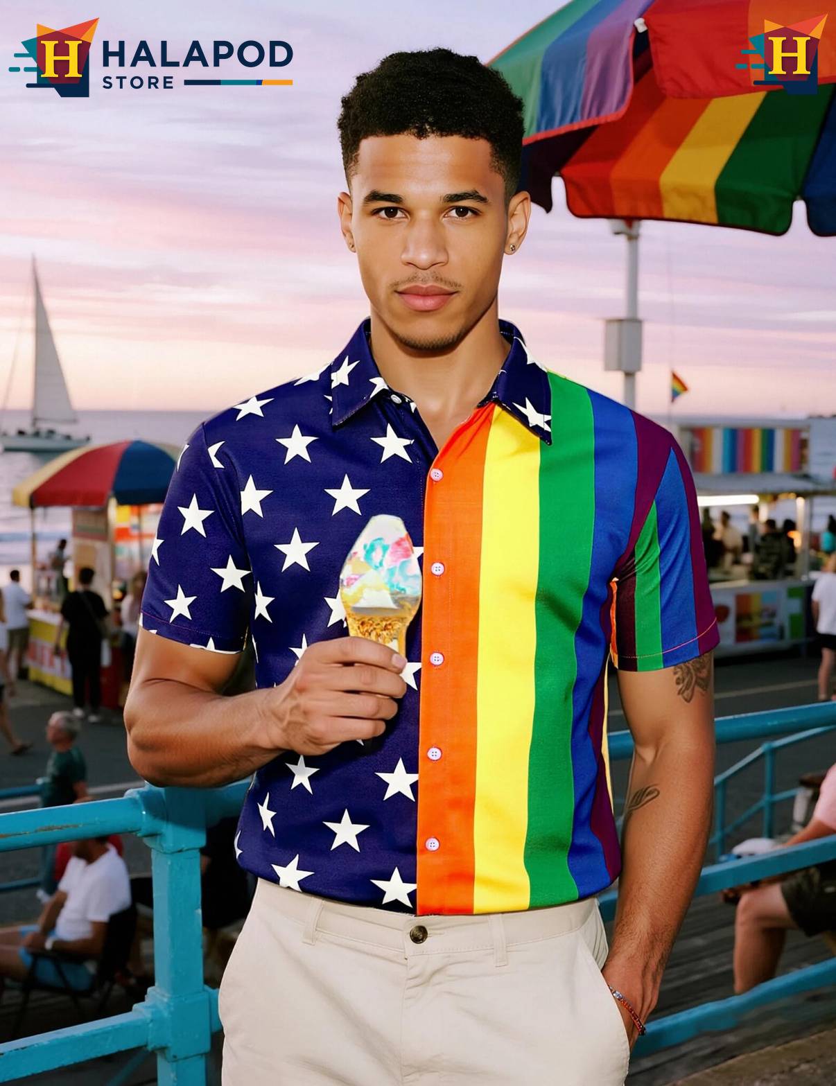 Stars And Rainbow Tropical Shirt Mens Tropical Beach Button Down Clothing