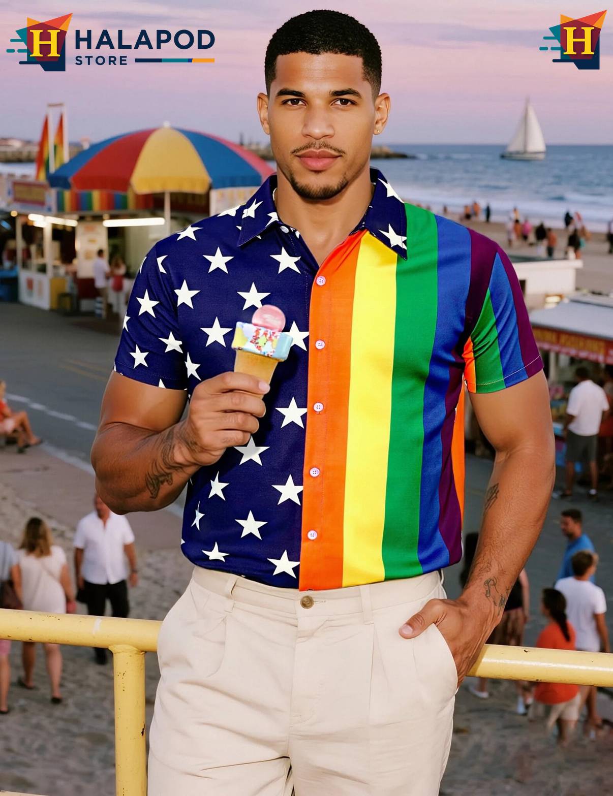 Stars And Rainbow Short-sleeve button-up shirt Mens Tropical Beach Button Down Clothing