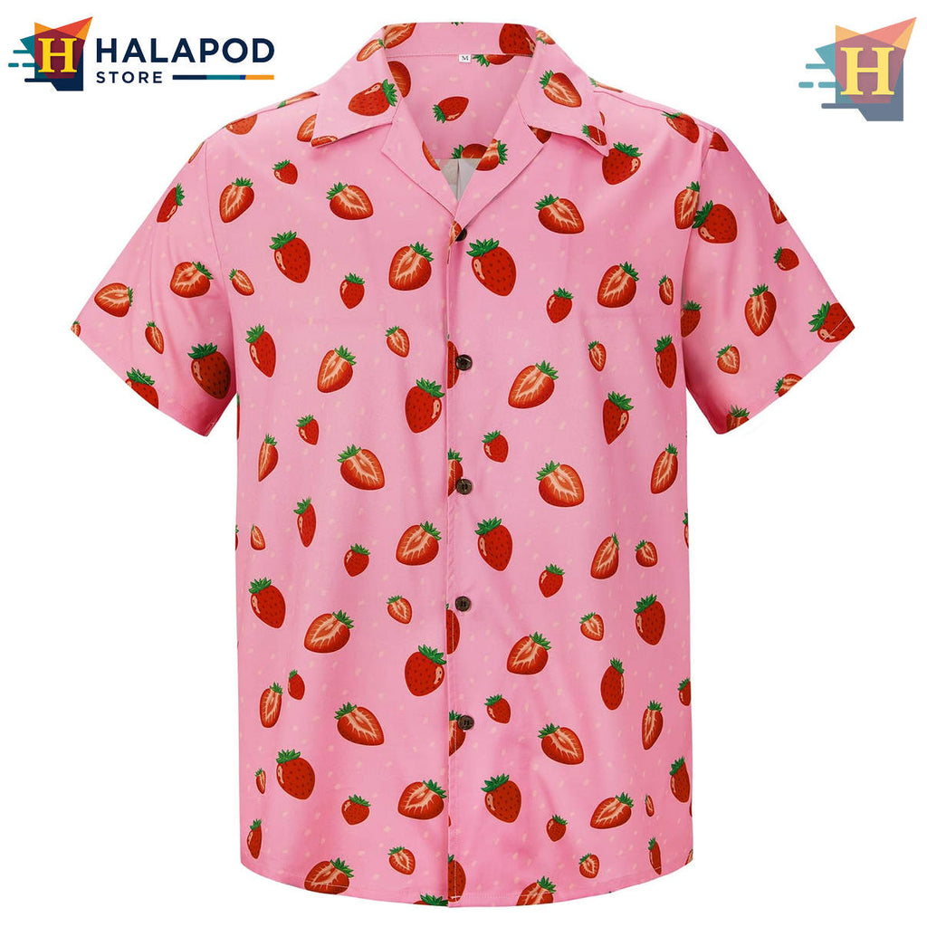 Strawberry Print Novelty Hawaiian Shirt 2026 Floral Casual Beach Fan Apparel