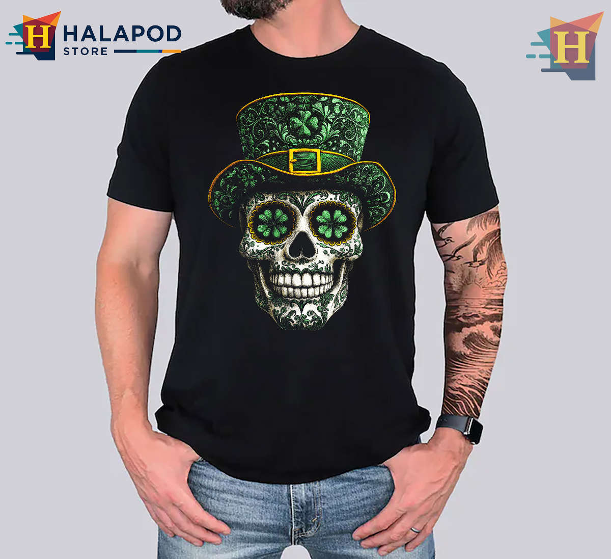Sugar Skull Clover Art Tee Green St Patrick's Day Shirts Unique Style