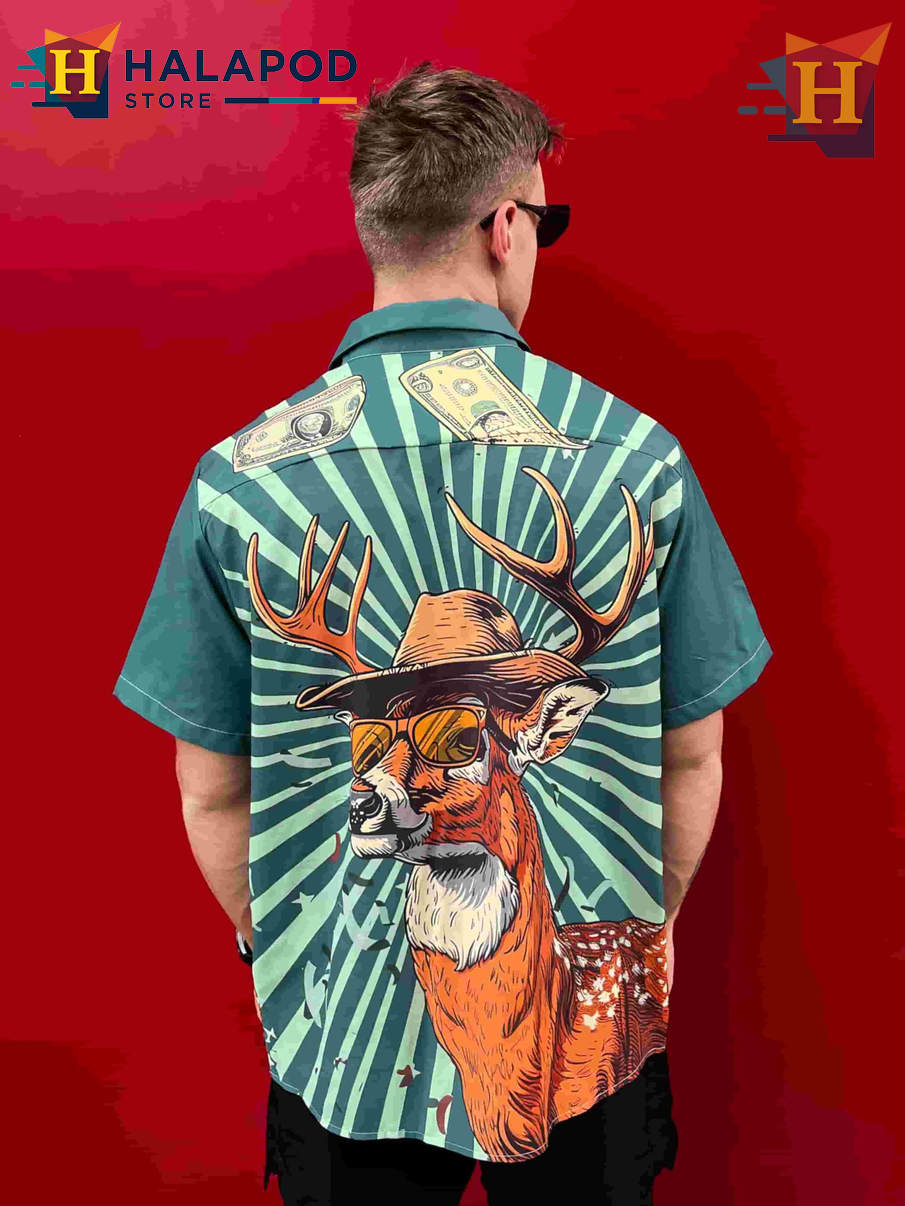 Sunglasses Deer Hawaiian Shirt Funny Bold Graphic Tropical Casual Beach Shirt
