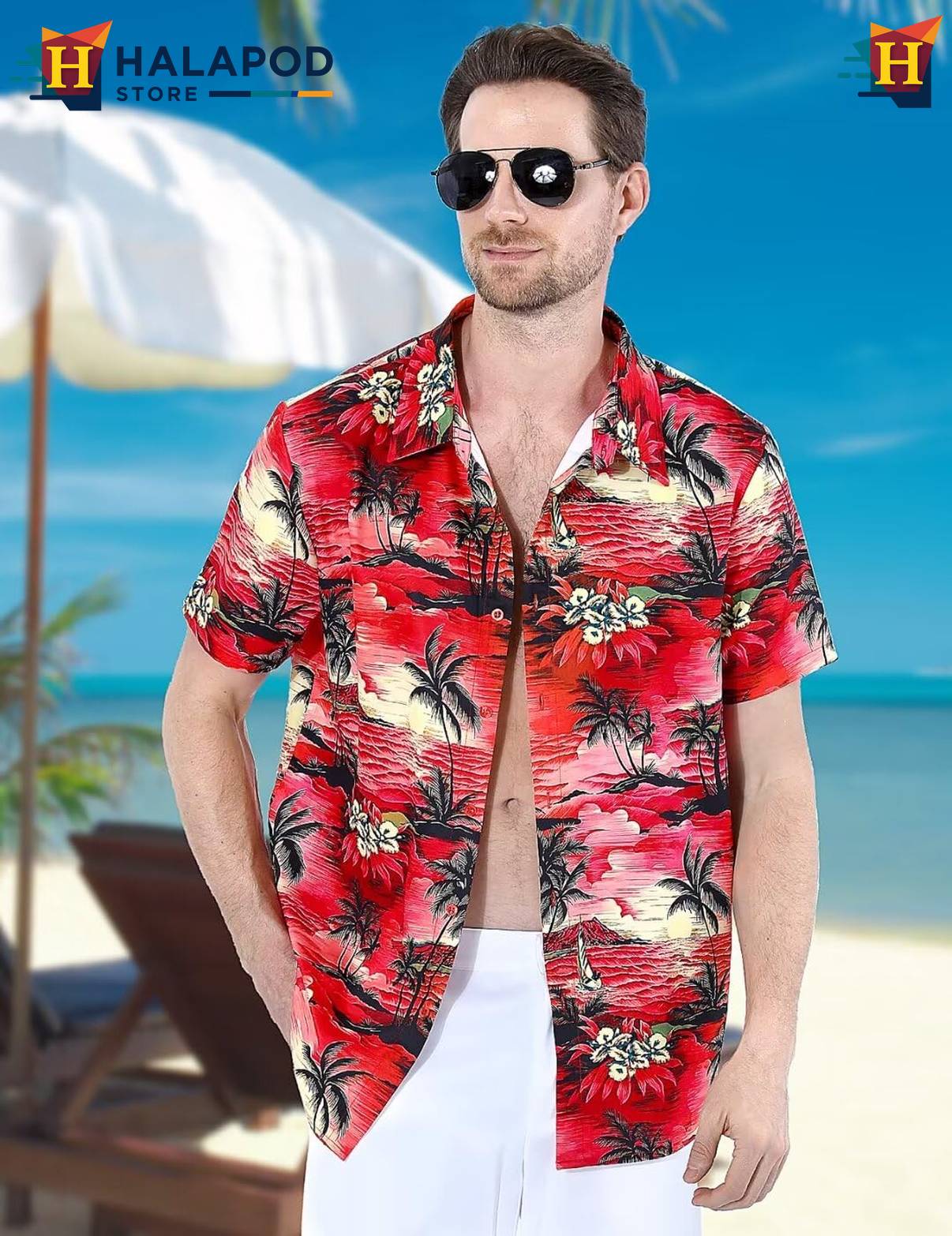 Sunset Design Red Short-sleeve button-up shirt Mens Tropical Beach Button Down Clothing
