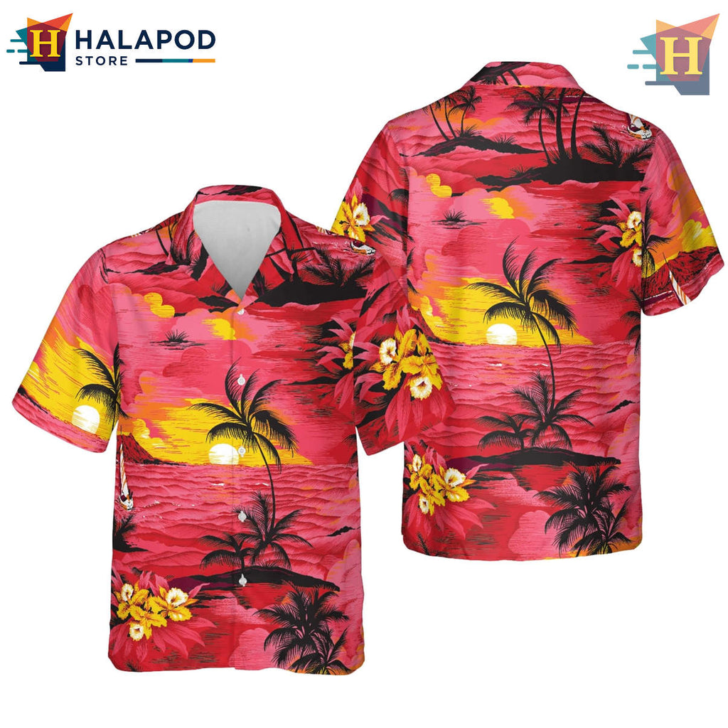 Sunset Paradise Print Hawaiian Shirt Funny Tropical Floral Beach Vacation Apparel
