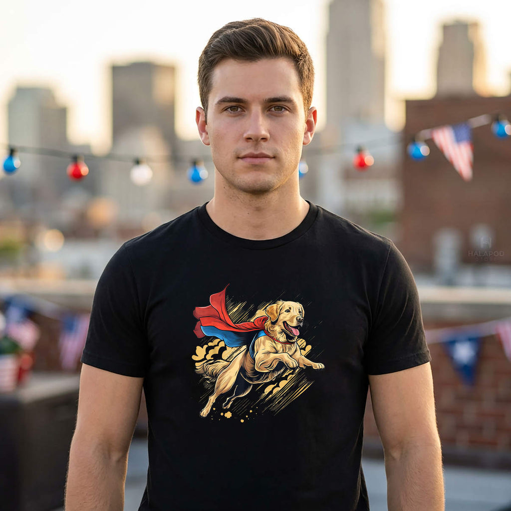 Superhero Golden Retriever Shirt Red Cape Super Hero Dog Casual Graphic Mens