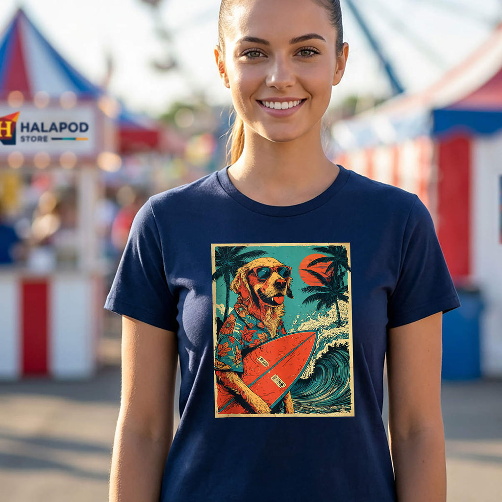 Surfer Golden Retriever Shirt Hawaiian Sunset Beach Summer Dog Graphic Mens