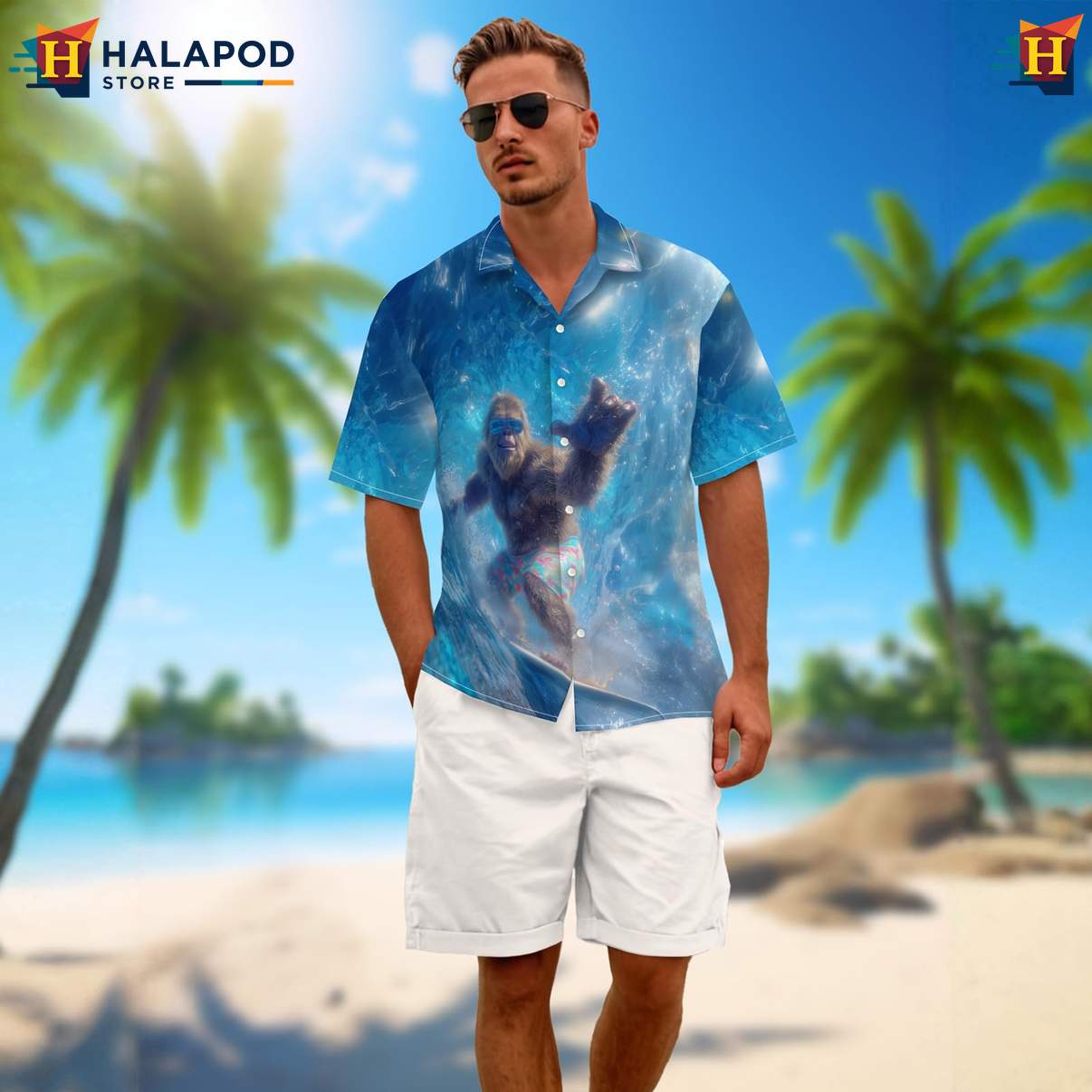 Surfing Bigfoot Mens Funny Hawaiian Shirt Retro Graphic Aloha Summer Tops